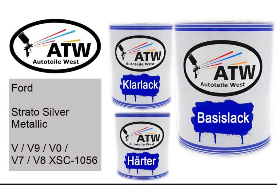 Ford, Strato Silver Metallic, V / V9 / V0 / V7 / V8 XSC-1056: 1L Lackdose + 1L Klarlack + 500ml Härter - Set, von ATW Autoteile West.